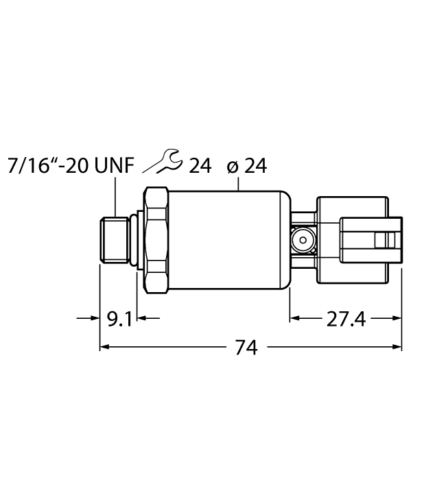 Turck PT600R-2105-I2-DT043P Turck PT600R-2105-I2-DT043P is a sensor designed for pressure measurement, belonging to the PT4500 series. This instrumentation submersible relative pressure sensor/transmitter features a pre-wired connection with a 150ft cable terminated with bare end flying leads and a front end cone connection. It offers a degree of protection rated at IP67, making it suitable for various environments. The sensor operates on a supply voltage range of 10-28Vdc, with nominal values of 12Vdc and 24Vdc. It has a cylindrical body made from 1.4404 (316L) stainless steel housing, ensuring durability. The pressure range of this sensor is from 0 to +60psig, and it includes one analog output (4-20mA; loop powered) for transmitting measurements. The current consumption of the device is 20mA.