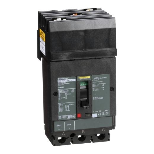 Schneider Electric HGA36020 Square D by Schneider Electric HGA36020 is a Moulded Case Circuit Breaker (MCCB) within the PowerPacT HGA sub-range, featuring a PowerPact H-Frame 150 TMD 3P 20A 600Vac/500Vdc 18kA I-line design. It is equipped with a 3-pole (3P) configuration and offers thermal protection for overload scenarios and magnetic protection for short-circuit conditions. The rated current is 20A, with a rated insulation voltage (Ui) of 750 V and rated voltages of 600Vac 600Y/347Vac for AC and 500Vdc for DC. This MCCB is designed for I-line connection (ABC phases) and mounts on I-line with line side isolated plug-on jaws plus a mechanical I-Line bracket mechanism, ensuring a robust attachment. It has a net height of 163 mm, a net width of 104 mm, and a net depth of 86 mm. The degree of protection is IP40, and it operates manually via a toggle. Protection settings include over-current fixed at 20A, short-circuit hold current fixed at 350A, and short-circuit trip current fixed at 750A. The rated operating voltage (Ue) is 690 V, with a rated impulse voltage (Uimp) of 8 kV. The trip current rating is 20 AT, and the frame current rating is 150 AF. Its short circuit breaking rating varies with voltage, including 65kA at 240Vac, 35kA at 480Vac, 35kA at 480Y/277Vac, 18kA at 600Vac, 18kA at 600Y/347Vac, 20kA at 250Vdc, and 20kA at 500Vdc, all under UL489. The trip unit type is thermal-magnetic (fixed) with no display, and it falls under utilisation category A.