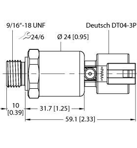 Turck PT1VR-1121-U6-DT043P Pressure Transmitter, Ratiometric Output (3-Wire), , For mobile hydraulic applications, Ceramic measuring cell, Compact and robust design, Excellent EMC properties, Excellent accuracy and long-term stability, Complies with ISO 16750-2, Pressure range -1…0 bar rel., 5 VDC ± 10 %, Ratiometric output 10…90 %, Process connection 9/16-18 UNF (SAE) male thread, Plug-in device, Deutsch DT04-3P, "