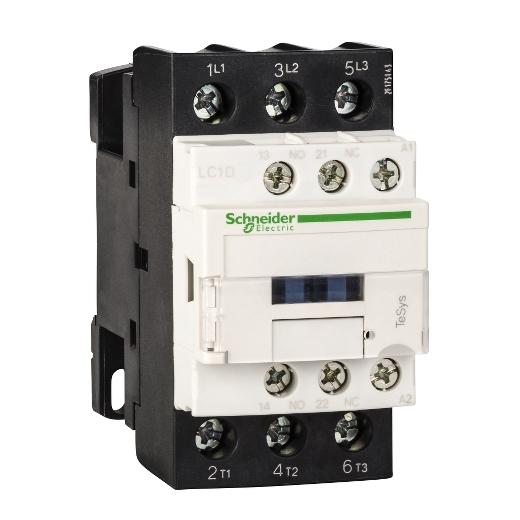 Schneider Electric LC1D32P7 Schneider Electric LC1D32P7 is a magnetic contactor from the Deca sub-range, featuring screw connections and designed with 3 poles (3P; 3NO). It has a rated current of 50A (AC-1) and 32A (440Vac; AC-3), with a mounting mode suitable for DIN rail installation. The net width of the contactor is 45 mm, and it offers a degree of protection rated at IP20. The control voltage (AC) ranges from 184-253Vac (230Vac nom.; 50Hz; 0.8...1.1 x Uc) to 195.5-253Vac (230Vac nom.; 60Hz; 0.85...1.1 x Uc), with a rated operating voltage (Ue) of 690 V. It includes 1 Normally Open (NO) auxiliary contact and 1 Normally Closed (NC) auxiliary contact, with contacts type of 1NO+1NC instantaneous aux. The rated impulse voltage (Uimp) is 6 kV, and the rated active power (kW) spans from 7.5kW at 220-230Vac to 18.5kW at 660-690Vac (AC-3). The rated power (HP) ranges from 2HP at 115Vac to 25HP at 575-600Vac, with mechanical durability of 15,000,000 operations and electrical durability of 1,600,000 operations at load. The rated voltage (AC) phase-to-phase is 690 V.