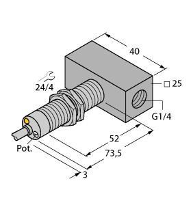 Turck FCS-M18-AP8X/D041 Flow Monitoring, Immersion Sensor with Integrated Processor, Cable length (L) 2 m, Immersion sensor, Flow sensor for gaseous media, Calorimetric principle, Adjustment via potentiometer, Status display via 2-color LED, Chrome-plated brass sensor, 3‐wire DC, 19.2…28.8 VDC, NO contact, PNP output, Cable device