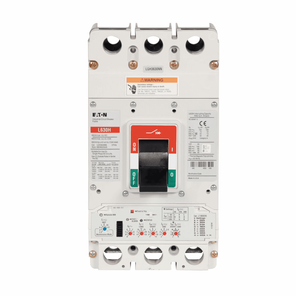 Eaton LGH3600FAGC LGH3600FAGC Eaton - Eaton Series G molded case circuit breaker, LG-frame, LG, Fixed thermal, adj. magnetic trip, Three-pole, 600A, 600 Vac, 100 kAIC at 240 Vac, 70 kAIC at 415 Vac, 65 kAIC at 480 Vac, 35 kAIC at 600 Vac, Copper, Line/load, Metric, 100% rated