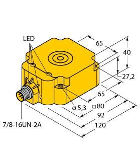 Turck BI50-Q80-ADZ30X2-B1131 Inductive Sensor, With Increased Switching Distance, Rated switching distance 50 mm, Flush, Rectangular, height 40 mm, Active face on top, Plastic, PBT‐GF30‐V0, Large sensing range, AC 2-wire, 20…250 VAC, DC 2-wire, 10…300 VDC, NO contact, 7/8" male connector