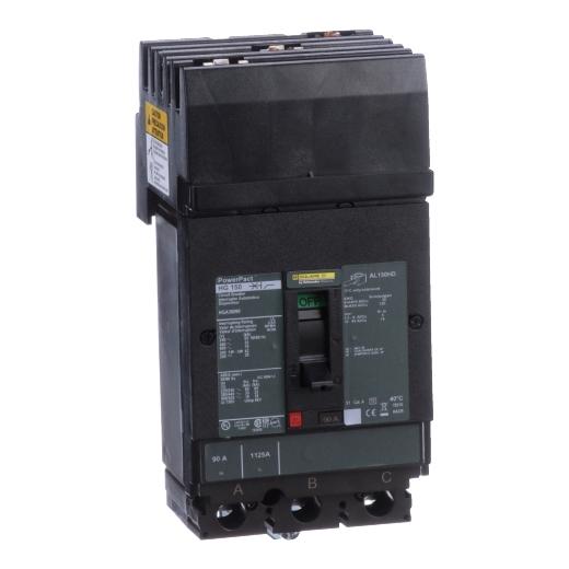 Schneider Electric HGA36090 Square D by Schneider Electric HGA36090 is a Moulded Case Circuit Breaker (MCCB) within the PowerPacT HGA sub-range. It features a PowerPact H-Frame 150 TMD design, suitable for 3-pole (3P) applications with a rated current of 90A. This MCCB operates with a rated insulation voltage (Ui) of 750 V, and it can handle rated voltages of 600Vac 600Y/347Vac and 500Vdc. It is designed for I-line connections (ABC phases) and mounts on I-line with line side isolated plug-on jaws plus a mechanical I-Line bracket mechanism for robust attachment. The device offers thermal protection for overload scenarios and magnetic protection for short-circuit conditions. Its protection settings include over-current fixed at 90A and short-circuit protection with hold current fixed at 800A and trip current fixed at 1450A. The HGA36090 has a net height of 163 mm, a net width of 104 mm, and a net depth of 86 mm, featuring an IP40 degree of protection. The operating mode is manual toggle, with no display for the trip unit, which is of a fixed thermal-magnetic type. It has a frame current rating of 150 AF and a trip current rating of 90 AT, with a short circuit breaking rating that varies depending on the voltage and conforms to UL489 standards. The rated operating voltage (Ue) is 690 V, with a rated impulse voltage (Uimp) of 8 kV, and it falls under utilisation category A.