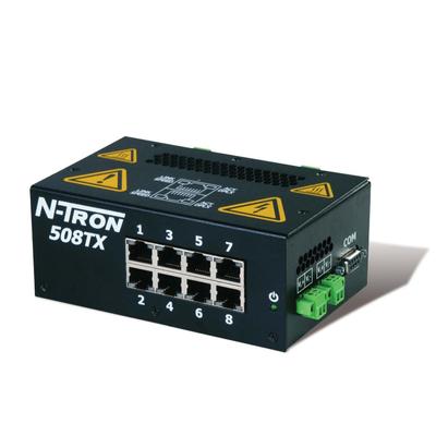 Red Lion 508TX-A Red Lion 508TX-A is an Ethernet Switch designed for industrial process control with features including IGMP Auto Configuration, VLAN, QoS, Trunking or Link aggregation, Port Mirroring, and N-View Remote Monitoring Technology. It operates with a supply voltage of 10-30Vdc, including redundant power inputs, and does not specify an AC supply voltage range. This model offers 8 RJ45 ports supporting 10/100BaseTX for connectivity and boasts a maximum throughput of 2.6Gbit/s. It uses Ethernet as its communication protocol and is designed for DIN rail mounting. The 508TX-A, part of the N-Tron 500-A series, is encased in a metallic housing and can operate within an ambient air temperature range of -40 to +85 degrees Celsius.