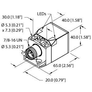 Turck BI15U-CK40-RDZ30X2-B1131 W/BS 2.1 Inductive Sensor, Rated switching distance 15 mm, Flush, Rectangular, height 40 mm, Variable orientation of active face in 5 directions, Plastic, PBT‐GF30‐V0, High luminance corner LEDs, Optimum view on supply voltage and switching state from any position, Factor 1 for all metals, Protection class IP68, Resistant to magnetic fields, Extended temperature range, High switching frequency, AC 2-wire, 20…250 VAC, DC 2-wire, 10…300 VDC, NC contact, 7/8" male connector