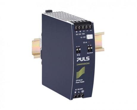 Puls CP10.122 PULS CP10.122 is a DIN rail mounting power supply unit enclosed in an aluminium housing, designed for an ambient air temperature range of -25 to +70°C. It features a net width of 39mm and dimensions of W39mm x H124mm x D117mm. The unit has a current consumption of 11A peak max. inrush at 230Vac input and 7A peak max. inrush at 120Vac input. Its efficiency rates are 0.943 at 230Vac input, 0.928 at 120Vac input, and 0.921 at 100Vac input. The CP10.122 offers a start-up delay of 240-300ms for 100-230Vac input, with rise times of 18ms and 35ms under specified conditions. It includes protection functions such as output overvoltage protection and overload/short-circuit current protection, with capabilities for series/parallel operation and resistance to back-feeding loads up to 25V. Power dissipation/losses are 11.6W at 230Vac input and 14.9W at 120Vac input, with an output stage capacitance of 5350µF. The electrical durability varies with conditions, reaching up to 534000 hours. The ripple is specified at 50mVpp (20Hz...20MHz; 50Ω). This AC/DC power supply unit, part of the CP-series, features a 20% power reserve, shutdown input, extended DC input, and DC-OK relay contact output, with screw-clamp connections. It supports a supply voltage range of 88Vdc-180Vdc and 85Vac-264Vac, with a rated current of 16A at 12Vdc, and offers a rated power of 192W. The output voltage is adjustable between 12Vdc and 15Vdc, with a 200mV turn-ON overshoot and a hold time of 50ms. It is suitable for single-phase (1AC) or DC networks.