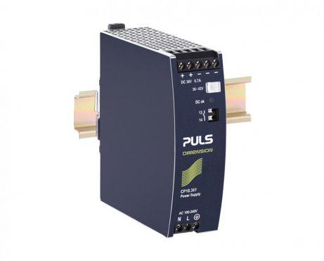 Puls CP10.361 PULS CP10.361 is a DIN rail mounting power supply unit with an aluminium housing designed for a wide range of industrial applications. It features a net width of 39 mm and operates within an ambient air temperature range of -25 to +70°C. The unit has a current consumption of 11A peak max. inrush at 230Vac input and 7A peak max. inrush at 120Vac input. Its efficiency rates are 0.954 at 230Vac input, 0.938 at 120Vac input, and 0.931 at 100Vac input. The dimensions of the CP10.361 are W39mm x H124mm x D117mm. It includes a time delay of 240-300ms for start-up and a rise time of 60ms under nominal input with a constant full current load without load capacitance, and 120ms with 7mF load capacitance. The unit is equipped with protection functions including output overvoltage protection and overload/short-circuit protection, with the capability for series or parallel operation for increased output voltages or power. It can handle back-feeding loads up to 50V without malfunctioning. Power dissipation/losses are 11.6W at full output load with 230Vac input and 15.9W with 120Vac input. The output stage capacitance is 1500µF. Electrical durability varies with conditions, reaching up to 553000 hours at 25°C with 3.35A output and 1AC 230Vac input. The ripple is 50mVpp across a 20Hz to 20MHz range. This AC/DC power supply unit offers a 20% power reserve and includes ATEX approval, DC-OK relay contact output, and screw-clamp connections. It supports a supply voltage range of 88Vdc-180Vdc and 85Vac-264Vac, with a rated current of 6.7A at 36Vdc, and provides an adjustable output voltage of 36Vdc-42Vdc. The hold time is 38ms at both 120/230Vac input.