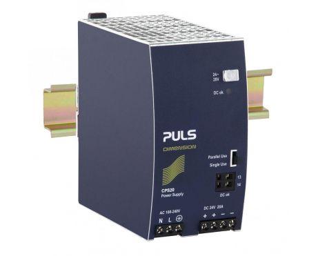 Puls CPS20.241 PULS CPS20.241 is a power supply unit designed for DIN rail mounting, featuring an aluminium housing. It operates within an ambient air temperature range of -25 to +70°C. The unit consumes 2.33A with a 230Vac input, 4.36A with a 120Vac input, and 5.25A with a 100Vac input for full 24Vdc output, with a peak inrush current of 13A at both 230Vac and 120Vac inputs. It offers an IP20 degree of protection and achieves an efficiency of 0.94 at 230Vac input, 0.927 at 120Vac input, and 0.92 at 100Vac input. The dimensions are W65mm x H124mm x D127mm. The CPS20.241 has a start-up delay of 850ms across 100-230Vac inputs, with rise times of 85ms and 150ms under specified conditions. It includes protection functions such as output overvoltage protection and overload/short-circuit protection, with the capability for series or parallel operation to increase output power. The unit is resistant to back-feeding loads up to 35V. Power dissipation/losses are 30.6W, and the output stage capacitance is 7000µF. Electrical durability varies with conditions, reaching up to 475000 hours. Ripple is maintained at 50mVpp. This AC/DC power supply unit offers a 20% power reserve, is part of the C-series, and includes ATEX approval, DC-OK relay contact output, and screw-clamp connections. It supports a supply voltage range of 85Vac-264Vac, with specific shutdown voltages under varying loads, and provides a rated current of 20A at 24Vdc, with a rated power of 576W under PowerBoost conditions and 480W otherwise. The output voltage is adjustable between 24Vdc and 28Vdc, with a 200mV turn-ON overshoot, and it maintains a hold time of 26ms.