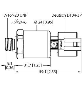 Turck PT1VR-1105-U6-DT043P Pressure Transmitter, Ratiometric Output (3-Wire), , For mobile hydraulic applications, Ceramic measuring cell, Compact and robust design, Excellent EMC properties, Excellent accuracy and long-term stability, Complies with ISO 16750-2, Pressure range -1…0 bar rel., 5 VDC ± 10 %, Ratiometric output 10…90 %, Process connection 7/16 UNF (SAE) male thread, Plug-in device, Deutsch DT04-3P, "