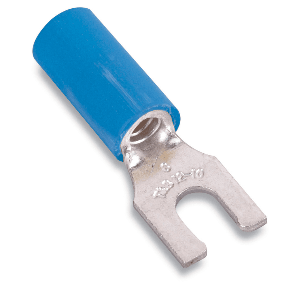 ABB Control RB148FL RB148FL ABB Control - Nylon Insulated Locking Fork Terminal, Length .87 Inches, Width .29 Inches, Maximum Insulation .162, Bolt Hole #8, Wire Range #18-#14 AWG, Color Blue, Copper, Tin Plated