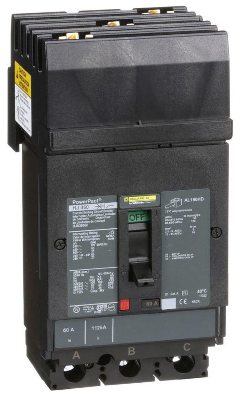 Schneider Electric HJA36060 Square D by Schneider Electric HJA36060 is a Moulded Case Circuit Breaker (MCCB) within the PowerPacT HJA sub-range, featuring a PowerPact H-Frame 150 TMD design. It is a 3-pole (3P) device with a rated current of 60A and offers thermal protection for overload and magnetic protection for short-circuits. The breaker is designed for I-line connection across ABC phases and supports a rated insulation voltage (Ui) of 750 V, with AC rated voltages of 600Vac and 600Y/347Vac, and a DC rated voltage of 250Vdc. It mounts on I-line with line side isolated plug-on jaws plus a mechanical I-Line bracket mechanism, ensuring a robust attachment. The net dimensions are 163 mm in height, 104 mm in width, and 86 mm in depth, with a degree of protection rated at IP40. The operating mode is manual toggle, and protection settings include over-current fixed at 60A, short-circuit hold current fixed at 800A, and short-circuit trip current fixed at 1450A. The rated operating voltage (Ue) is 690 V, with a rated impulse voltage (Uimp) of 8 kV. The trip current rating is 60 AT, with a frame current rating of 150 AF. It has a short circuit breaking rating of 100kA at 240Vac, 65kA at 480Vac and 480Y/277Vac, 25kA at 600Vac and 600Y/347Vac, and 20kA at 250Vdc, all according to UL489 standards. The trip unit type is thermal-magnetic (fixed) with no display, and it falls under utilisation category A.