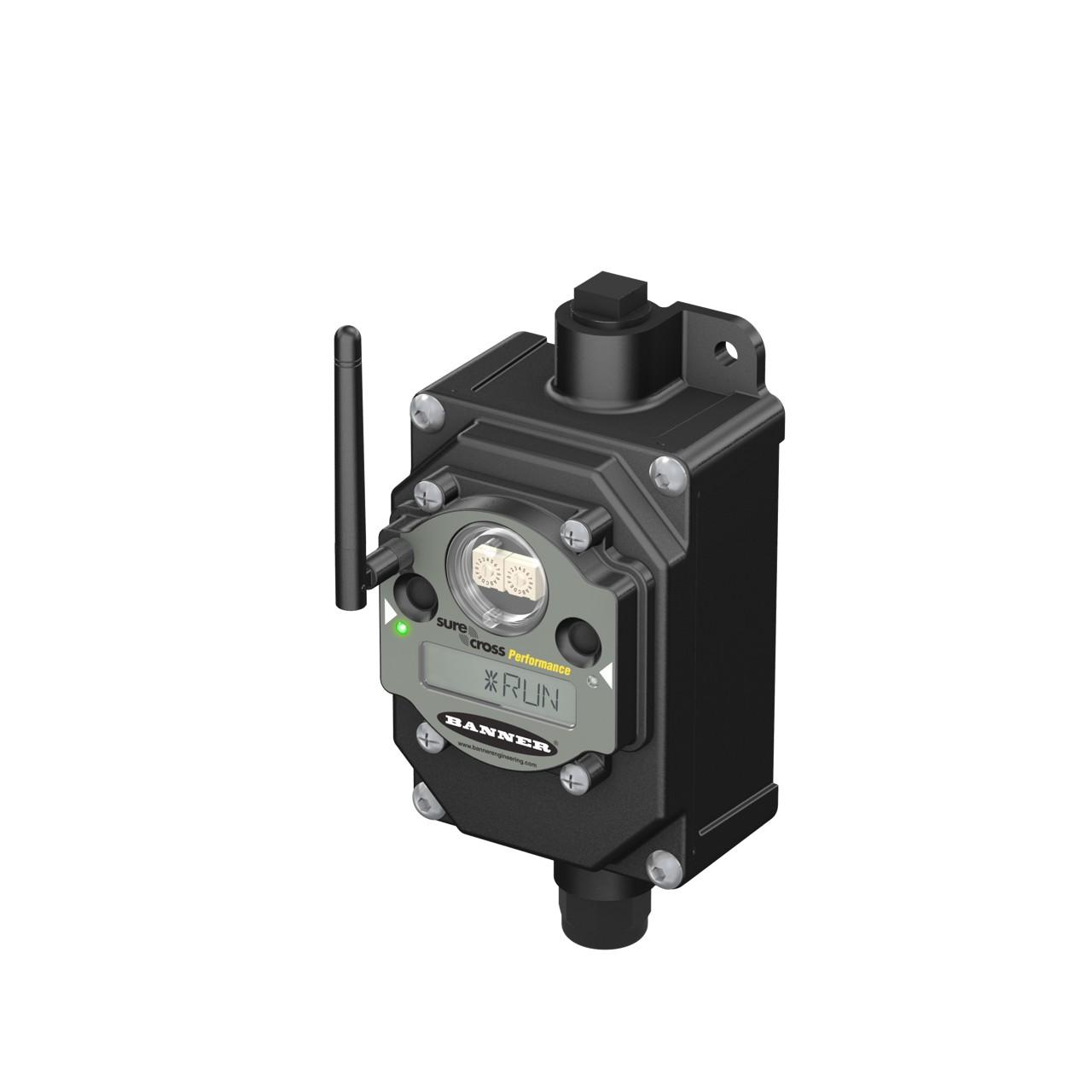 Banner DX80N9X1S-P1E Banner Engineering DX80N9X1S-P1E is a Remote Terminal Unit (RTU) designed for surface mounting. It features a polycarbonate housing, polycarbonate rotary dial cover, polyester labels, EDPM rubber cover gasket, and nitrile rubber, ensuring durability in various environments. The unit operates within an ambient air temperature range of -40 to +85°C and offers a degree of protection rated at IP65 NEMA 4X. Its dimensions are H81.3mm x W167.4mm x D87.6mm. The RTU includes 2 digital outputs (30Vdc; NMOS Sinking; 1A), 2 analog inputs (0-20mA / 0-10Vdc / Thermistor 10kΩ; 12-bit), and 2 digital inputs (30Vdc 3mA; PNP/NPN), supporting versatile connectivity options. It operates on a 900 MHz transmission frequency with a maximum distance of 9.6km. The rectangular-shaped device is part of the SureCross DX80 series and is designed with 2 buttons, 2 bi-color LEDs for Ex e II applications, and an environmental housing that includes an internal battery. It utilizes FHSS (Frequency Hopping Spread Spectrum) technology for reliable communication. Connection is facilitated through a wiring chamber with screw-clamp connections and 2 x 1/2" NPT threaded cable accesses, alongside an RP-SMA connector. The supply voltage requirement is 10-30Vdc (12Vdc-24Vdc nom.), and it operates on a 900MHz ISM band 1W frequency.