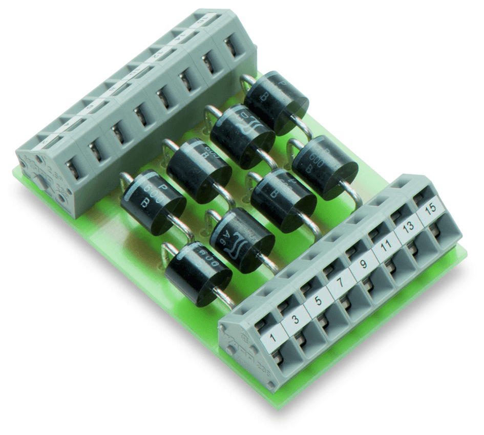 WAGO 289-103 Wago 289-103 is an interface unit designed as a component module with CAGE-CLAMP spring connections. It features 8 x diodes (P6007) on a stand-alone PCB. This unit does not specify a supply voltage in AC but operates within an ambient air temperature range for operation of -25°C to +40°C and for storage from -40°C to +70°C. The control voltage is rated at 250Vdc, with a rated impulse voltage (Uimp) of 100Vac and a rated insulation voltage (Ui) of 250Vac. The unit's dimensions are H32mm x W42.5mm x D62.5mm, designed for DIN-rail mounting via a rail adapter. It is designed to work in environments with up to 95% relative humidity, non-condensing.