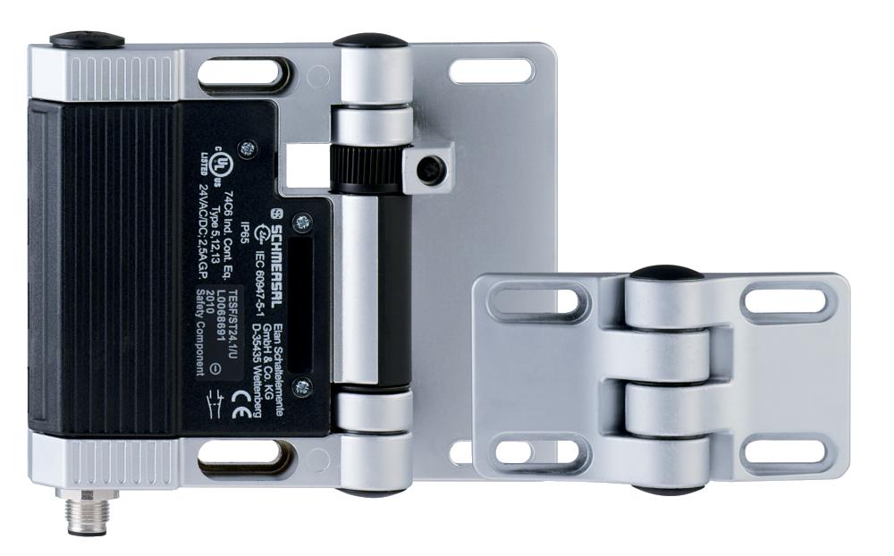 Schmersal TESF/ST24.2/0 Safety switch for hinged guards; Hinge safety switch; 1 cable entries M 16 x 1.5; with fixed switching angle; 1 connector M12, 8-pole; Metal enclosure; Good resistance to oil and petroleum spirit; For left or right hinged doors; 141 mm x 115 mm x 21,5 mm;
