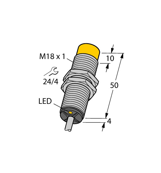 Turck NI10-G18-AN6X-0.5-RS4T Turck NI10-G18-AN6X-0.5-RS4T is an inductive proximity sensor designed for a variety of applications requiring precise, non-contact detection of metallic objects. This sensor operates within an ambient air temperature range of -25°C to +70°C and is equipped with a pre-wired 50cm / 20" pigtail cable that terminates with a 4-pin M12 Eurofast QD male connector. Part of the NI...-G18 series, it features an IP67 degree of protection, making it suitable for harsh environments. The sensor operates on a supply voltage of 10-30Vdc, with 12Vdc and 24Vdc as nominal values, and is housed in an M18 fully threaded barrel made from chrome-plated brass for durability. It offers a sensing distance of 10mm and operates in a Normally Open (NO) mode. With a maximum switching frequency of 500Hz, it includes 1 x digital output (10-30Vdc; NPN) and is protected against short-circuit (pulsed), overload, and reverse polarity conditions. The thread size for mounting is M18.