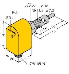 Turck FCS-N1/2A4P-ARX-B1151/L060/115VAC Flow Monitoring, Immersion Sensor with Integrated Processor, Immersion sensor, Sensor for liquid media, Calorimetric principle, Adjustment via potentiometer, Status indicated via LED chain, AC 5-wire, 98…132 VAC, NO contact, relay output, Plug-in device, 7/8-16UN, "