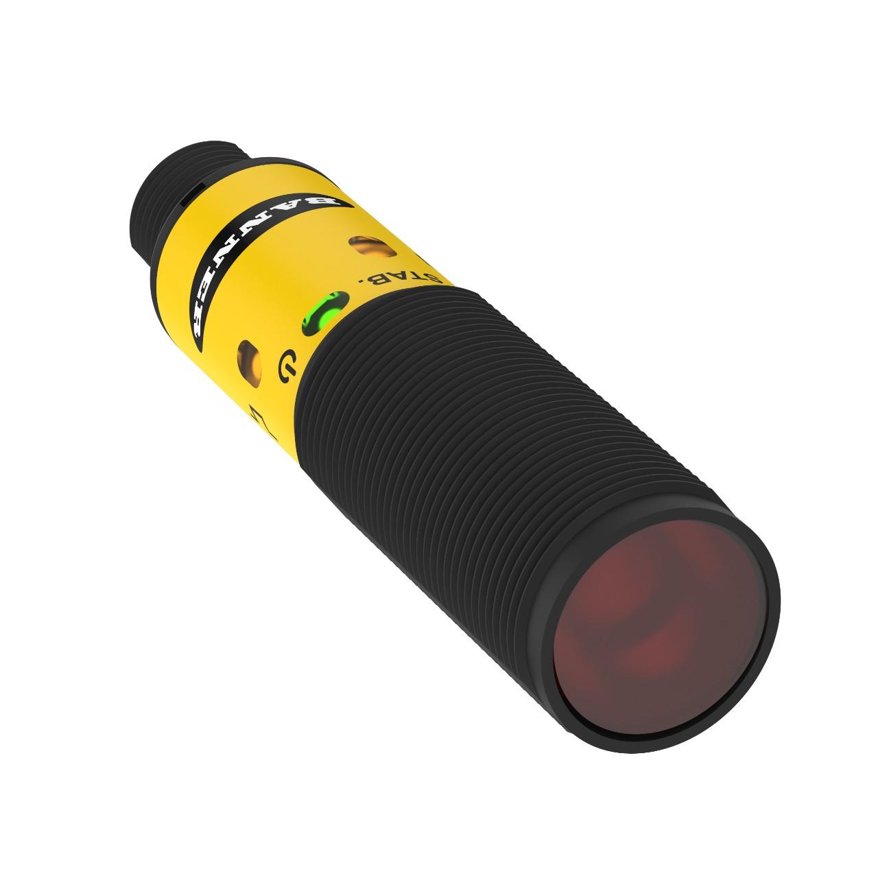 Banner S18-2VPFF100-Q8 Banner Engineering S18-2VPFF100-Q8 is a fixed-field photo-electric sensor within the S18-2 series, featuring a background suppression system. It is constructed with a thermoplastic housing and an acrylic lens. This sensor is pre-equipped with a 4-pin Euro-style M12 connector for connectivity. It operates on a supply voltage range of 10Vdc to 30Vdc, with nominal voltages of 12Vdc and 24Vdc. Designed for a wide range of ambient air temperatures, it functions between -40 and +70 degrees Celsius. The S18-2VPFF100-Q8 offers an IP67 degree of protection, making it suitable for various environmental conditions. Its M18 cylindrical threaded/barrel shape facilitates easy installation. The sensor provides one digital output via a PNP transistor and has a sensing distance of 100mm. It emits visible red light with a wavelength of 624 nm and responds in 1.5ms. Additionally, it supports both Light-ON and Dark-ON operating modes.