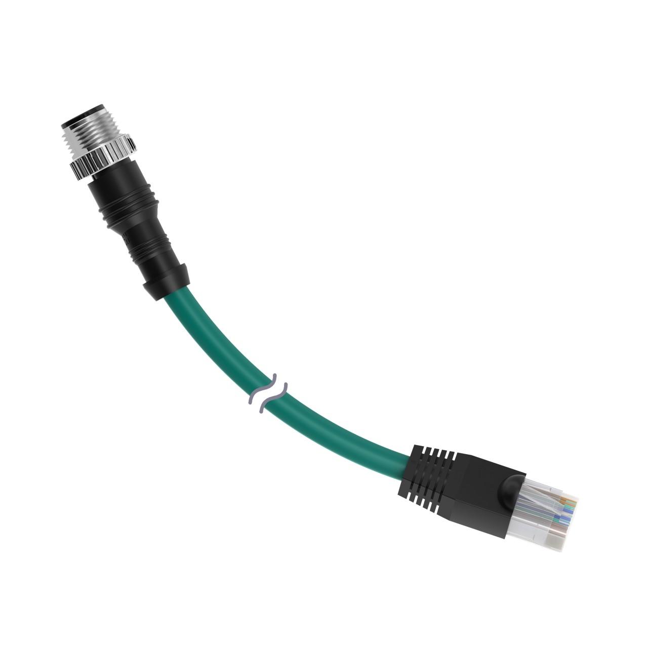 Banner STP-M12D-415 Banner Engineering STP-M12D-415 is a pre-assembled Ethernet cable/cordset designed with a double-ended configuration. It features a 4-pin Euro-style M12 male connector on one end and an RJ45 connector on the other. The cable is constructed with a nickel-plated brass coupling nut and PVC sheathing, ensuring durability and protection for the internal wiring. It has a length of 15 feet (approximately 4.5 meters) and comes in black.