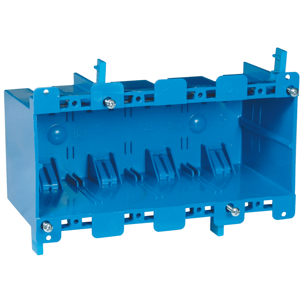 ABB Control B468R B468R ABB Control - Four-Gang Old Work Outlet Box, Volume 71 Cubic Inches, Length 7.57 Inches, Width 2.89 Inches, Depth 3.56 Inches, Color Blue, Material PVC, Mounting Means Mounting Ears and Two Swing Clamps