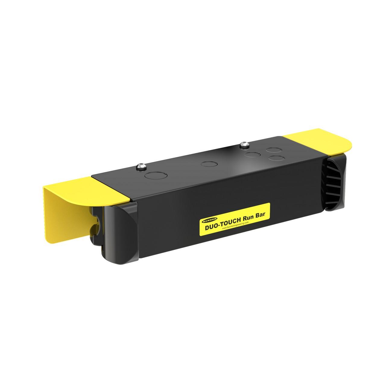 Banner STBVR81-RB1 Banner Engineering STBVR81-RB1 is a control station from the DUO-TOUCH series featuring two safety touch buttons (STB) with a metal construction designed for two-hands run bar safety control applications. It offers a screw-clamp terminal connection and comes in a black/yellow housing. The device operates on a supply voltage of 20Vac-30Vac (24Vac nominal) or 20Vdc-30Vdc (24Vdc nominal), and can be mounted on a pedestal or base. It is designed to operate in ambient air temperatures ranging from 0 to +50 °C. The STBVR81-RB1 has an IP20 degree of protection and is characterized by its saddle/yoke-shaped STB buttons. It features 2 digital outputs (SPDT relay contact; complementary; 1A at 24Vdc / 0.4A at 125Vac resistive).