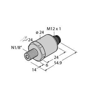 Turck PT130PSIV-1014-I2-H1141 Pressure Transmitter, With Current Output (2-Wire), , Ceramic measuring cell, Compact and robust design, Excellent EMC properties, , Pressure range -15…130 psi relative, 7…33 VDC, Analog output 4…20 mA, Process connection 1/8-27 NPT male thread, Plug-in device, M12 × 1, "