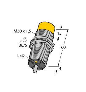 Turck NI15-G30-AZ3X 7M Inductive Sensor, Rated switching distance 15 mm, Cable length (L) 7 m, Non-flush, Threaded barrel, M30 x 1.5, Chrome-plated brass, AC 2-wire, 20…250 VAC, DC 2-wire, 10…300 VDC, NO contact, Cable connection