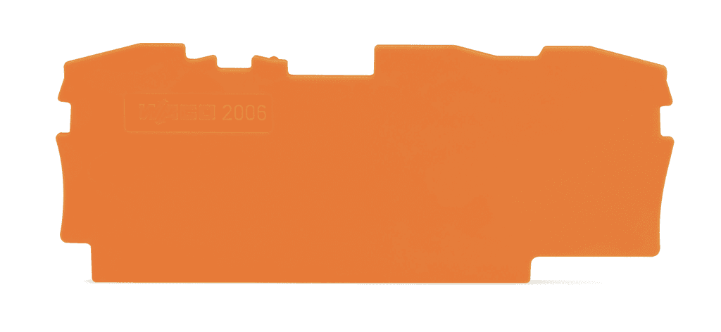 WAGO 2006-1392 Wago 2006-1392 is an end plate designed for use as both an end and intermediate plate in electrical installations. It is compatible with the TOPJOB S series and features a rated impulse voltage (Uimp) of 1 mm. The part is colored orange and has dimensions of H73.5mm x W1mm x D32.9mm. It is constructed from Polyamide (PA) 66, ensuring compatibility with the specified series and applications.