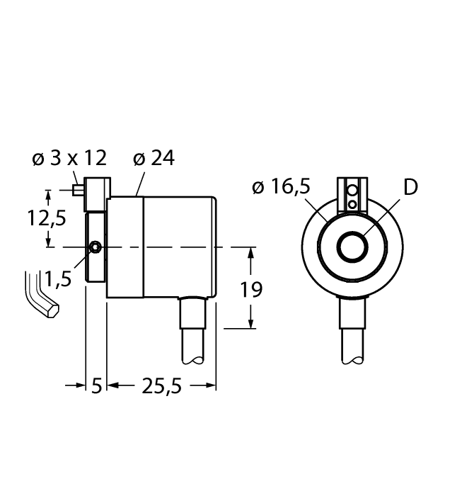 Turck RI-02C4S3-2D500-C Turck RI-02C4S3-2D500-C is an incremental rotary encoder designed for flange mounting with a spring element. It operates within an ambient air temperature range of -20 to +85°C and features a blind hollow shaft flange with spring element for magnetic sensing. This encoder is pre-wired with a radial 2m / 6.5ft cord with bare end flying leads, belonging to the Type RI-02 series. It has a compact 24mm casing diameter and offers a degree of protection rated at IP50. The supply voltage requirement ranges from 5Vdc to 24Vdc, supporting 6Vdc, 12Vdc, and 24Vdc, with a maximum pulse frequency of 160kHz. Constructed with an aluminium housing and a brass shaft, it has a 4mm hollow shaft bore. The encoder provides one digital output (push-pull with inverting signal; 5Vdc-24Vdc), and includes protection functions against short-circuit, magnetic field interference, and reverse polarity. It can handle a rotational speed up to 12000rpm, with a moment of inertia of 0.1 x 10-6kg.m2, and offers a resolution of 500ppr (pulses/revolution). The current consumption is 50mA with no load, and it can withstand a maximum radial load of 10 N and a maximum axial load of 20 N.