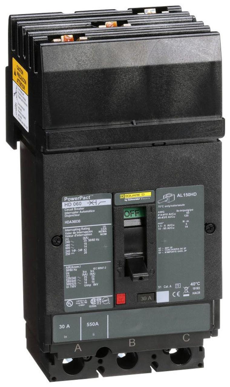 Schneider Electric HDA36030 Square D by Schneider Electric HDA36030 is a Moulded Case Circuit Breaker (MCCB) within the PowerPacT HDA sub-range, featuring a PowerPact H-Frame 150 TMD 3P 30A 600Vac/250Vdc 14kA I-line ABC 80% rated design. It offers a 3-pole (3P) configuration with thermal protection for overload and magnetic protection for short-circuit scenarios. The rated current is 30A, with a rated insulation voltage (Ui) of 750 V and rated voltages of 600Vac 600Y/347Vac for AC and 250Vdc for DC. This breaker mounts on I-line with line side isolated plug-on jaws plus a mechanical I-Line bracket mechanism, ensuring a robust attachment. It has a net height of 163 mm, a width of 104 mm, and a depth of 86 mm, with an IP40 degree of protection. The operating mode is manual toggle, with over-current protection settings fixed at 30A and short-circuit protection settings fixed at 350A for hold current and 750A for trip current. The rated operating voltage (Ue) is 690 V, with a rated impulse voltage (Uimp) of 8 kV. The trip current rating is 30 AT, with a frame current rating of 150 AF. Its short circuit breaking rating varies by voltage, including 25kA at 240Vac, 18kA at 480Vac and 480Y/277Vac, 14kA at 600Vac and 600Y/347Vac, and 20kA at 250Vdc, all according to UL489 standards. The trip unit type is thermal-magnetic (fixed) with no display, and it falls under utilisation category A.