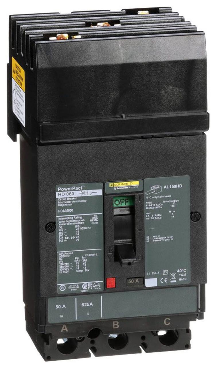 Schneider Electric HDA36050 Square D by Schneider Electric HDA36050 is a Moulded Case Circuit Breaker (MCCB) within the PowerPacT HDA sub-range. It features a PowerPact H-Frame 150 TMD design, suitable for 3-pole (3P) configurations, and offers a rated current of 50A with thermal and magnetic protection functions for overload and short-circuit scenarios, respectively. This MCCB is designed for I-line connections across ABC phases and supports a rated insulation voltage (Ui) of 750 V, with operational voltages of 600Vac, 600Y/347Vac for AC, and 250Vdc for DC. It is engineered for mounting on I-line with line side isolated plug-on jaws plus a mechanical I-Line bracket mechanism, ensuring a robust attachment. The unit's dimensions are 163 mm in height, 104 mm in width, and 86 mm in depth, with a degree of protection rated at IP40. The operating mode is manual toggle, with over-current protection fixed at 50A and short-circuit protection settings fixed at 400A for hold current and 850A for trip current. The rated operating voltage (Ue) is 690 V, with a rated impulse voltage (Uimp) of 8 kV. The trip current rating is 50 AT, with a frame current rating of 150 AF. Its short circuit breaking rating varies according to voltage, with 25kA at 240Vac, 18kA at 480Vac and 480Y/277Vac, 14kA at 600Vac and 600Y/347Vac for UL489 standards, and 20kA at 250Vdc. The trip unit type is thermal-magnetic (fixed), without a display, and it falls under utilisation category A.