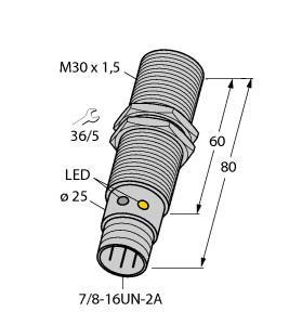 Turck BI15-G30-RDZ30X2-B1131 Inductive Sensor, With Increased Switching Distance, Rated switching distance 15 mm, Flush, Threaded barrel, M30 x 1.5, Chrome-plated brass, Large sensing range, AC 2-wire, 20…250 VAC, DC 2-wire, 10…300 VDC, NC contact, 7/8" male connector