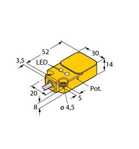 Turck BC10-Q14-AP4X2 Capacitive Sensor, Rated switching distance 10 mm, Cable length (L) 2 m, Flush, Rectangular, height 14mm, Active face on top, Plastic, PBT‐GF30‐V0, Fine adjustment via potentiometer, DC 3-wire, 10…65 VDC, NO contact, PNP output, Cable connection