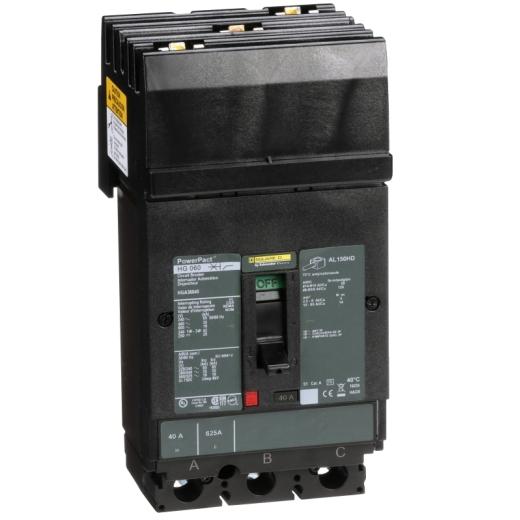 Schneider Electric HGA36040 Square D by Schneider Electric HGA36040 is a Moulded Case Circuit Breaker (MCCB) within the PowerPacT HGA sub-range, featuring a PowerPact H-Frame 150 TMD design. It is a 3-pole (3P) device with a rated current of 40A and offers thermal protection for overload and magnetic protection for short-circuit scenarios. The breaker is designed for I-line connection across ABC phases and supports a rated insulation voltage (Ui) of 750 V, with AC rated voltages of 600Vac and 600Y/347Vac, and a DC rated voltage of 500Vdc. It mounts on I-line with line side isolated plug-on jaws plus a mechanical I-Line bracket mechanism, ensuring a robust attachment. The device has a net height of 163 mm, a width of 104 mm, and a depth of 86 mm. It offers a degree of protection of IP40 and operates manually via a toggle. Protection settings include over-current fixed at 40A, short-circuit hold current fixed at 400A, and short-circuit trip current fixed at 850A. The rated operating voltage (Ue) is 690 V, with a rated impulse voltage (Uimp) of 8 kV. The trip current rating is 40 AT, with a frame current rating of 150 AF. Its short circuit breaking rating varies across voltages, with 65kA at 240Vac, 35kA at 480Vac and 480Y/277Vac, 18kA at 600Vac and 600Y/347Vac, and 20kA at 250Vdc and 500Vdc, all according to UL489 standards. The trip unit type is thermal-magnetic (fixed), and it does not include a display. The utilisation category is A.