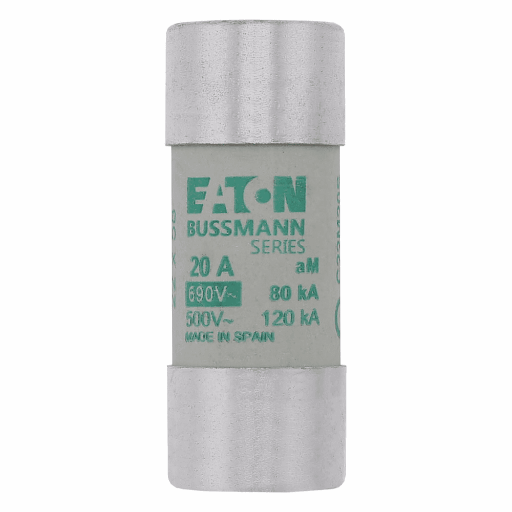 Cooper Bussmann C22M20S C22M20S Cooper Bussmann - Eaton Bussmann series low voltage 22 x 58 mm cylindrical/ferrule fuse, rated at 690 Volts AC, 20 Amps, 80 kA Breaking capacity, class aM, with striker, compatible with a CH22 Modular fuse holder