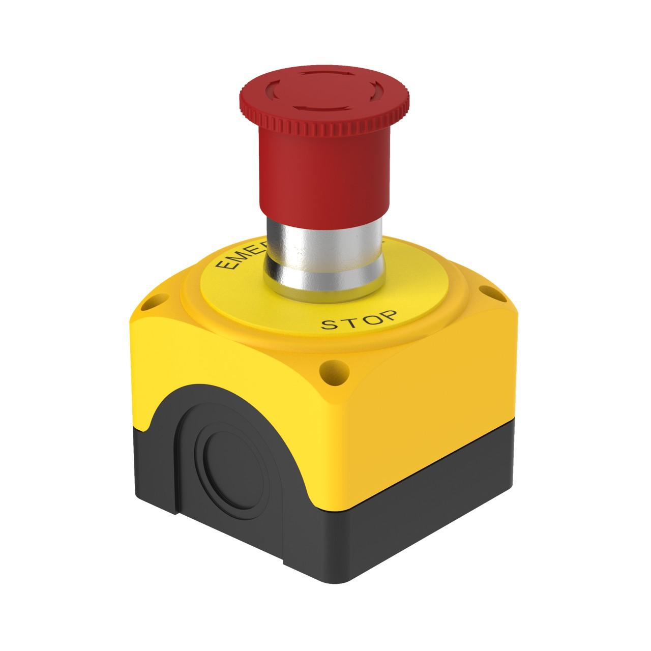 Banner SSA-EBM-11E Banner Engineering SSA-EBM-11E is an enclosed emergency STOP (E-Stop) pushbutton designed with a polycarbonate (PC) base and features a 40mm mushroom head for easy activation. It offers a screw-clamp terminal connection for secure wiring and comes in a yellow and black housing with a red actuator for high visibility. The pushbutton is equipped with 1NO+1NC contacts, operates on a 24Vdc supply voltage, and is designed for flush mounting in a 22mm hole. It operates within an ambient air temperature range of -25°C to +60°C and has an IP65 degree of protection, ensuring durability in various environmental conditions. The operating mode is push-to-stop and stay-put (maintained/latched) with a twist-to-release mechanism. Additionally, it includes 1 Normally Open (NO) and 1 Normally Closed (NC) auxiliary contacts for versatile connectivity options.