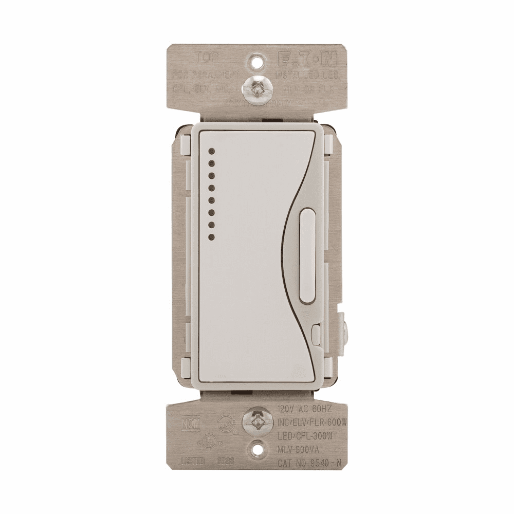 Eaton 9540-N-WS 9540-N-WS Eaton - Eaton smart dimmer, Flush mounting, 120V, Wire leads, Maintained closure, White satin, 60 Hz, Dimmable LED/CFL, incandescent/halogen/electronic and magnetic low voltage, Single-pole, multi-location, Polycarbonate, 300W, 600W 742088