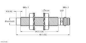 Turck NI3-EG08-AP6X-V1131 Inductive Sensor, Rated switching distance 3 mm, Non-flush, M8 × 1 threaded barrel, Stainless steel, 1.4305 (AISI 303), DC 3-wire, 10…30 VDC, NO contact, PNP output, M8 x 1 male connector