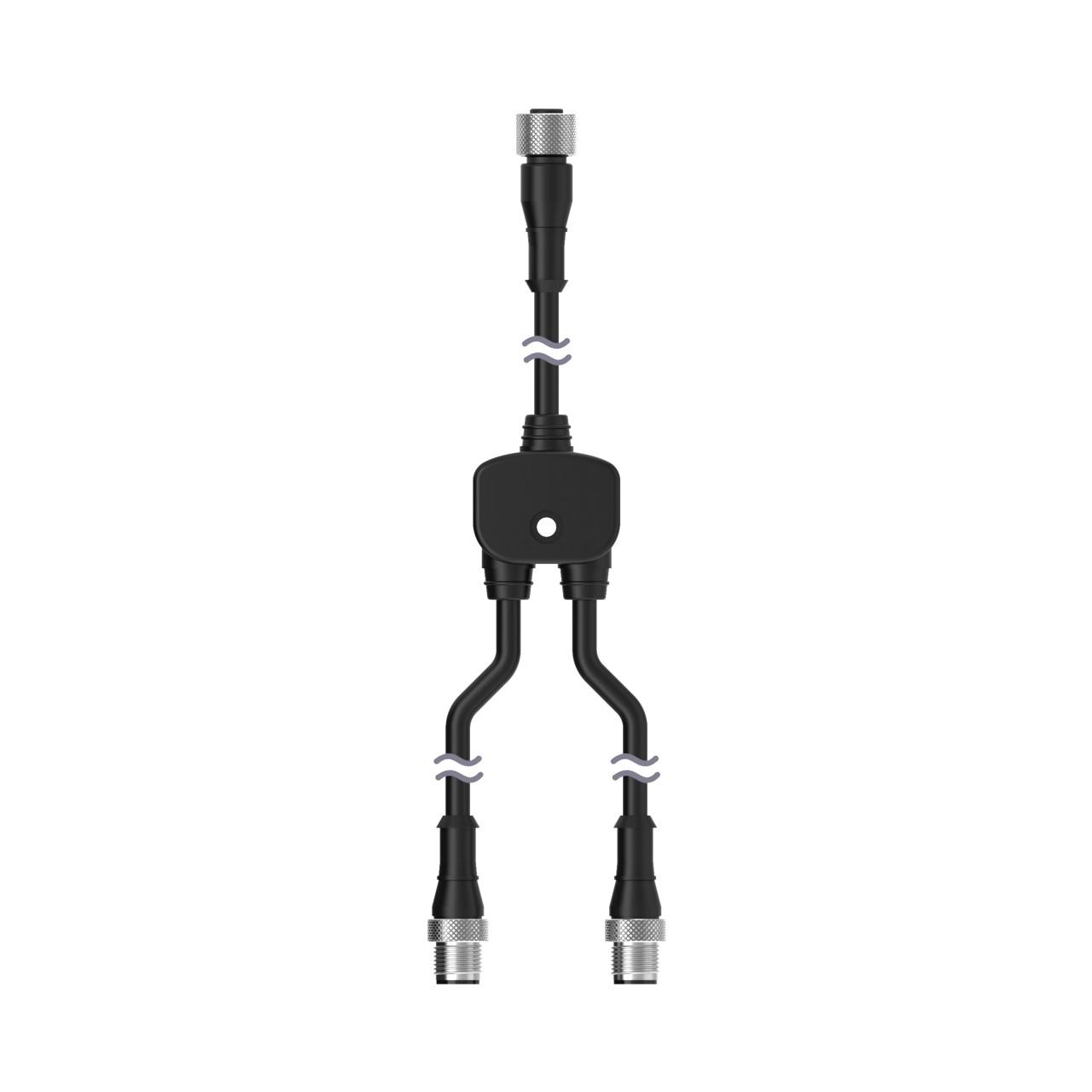 Banner CSB-M1251FM1251M Banner Engineering CSB-M1251FM1251M is a Y-shaped splitter connector designed for various automation applications. It features a PVC cable with a black housing and is equipped with a 5-pin Euro-style M12 female connector on a 1ft / 30cm trunk, and two 5-pin Euro-style M12 male connectors on 1ft / 30cm branches. The splitter operates within an ambient air temperature range of -40 to +105°C and offers a degree of protection rated at IP68, making it suitable for challenging environments. It supports a rated voltage of 250Vac and 30Vdc, with a cable diameter of 5.9mm.