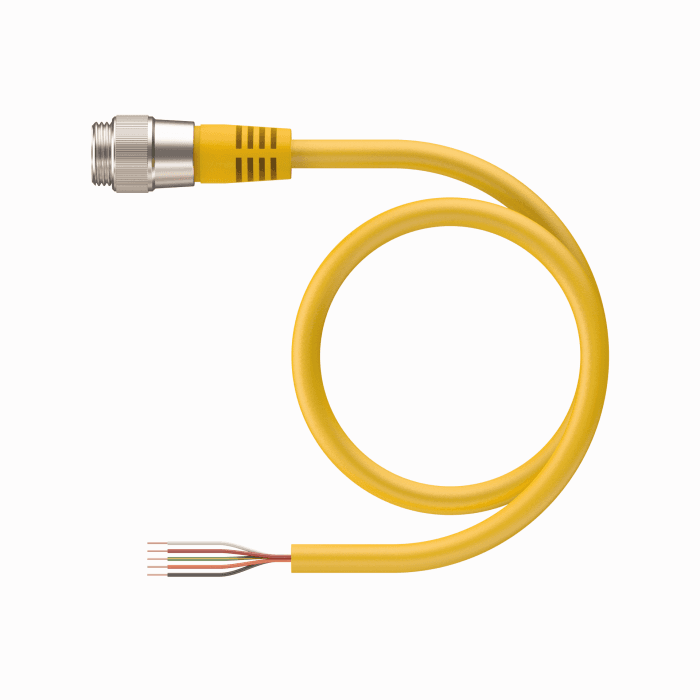 Turck RSM 46-1M Actuator and Sensor Cordset, Connection Cable, 7/8” Male, Straight, 4-pin, Flexible Service Cable, Yellow PVC jacket, 4X16 AWG, Sunlight Resistant, -40 Cold Bend Rating, Oil Resistant, Flame Ratings: UL 1100, CSA FT2