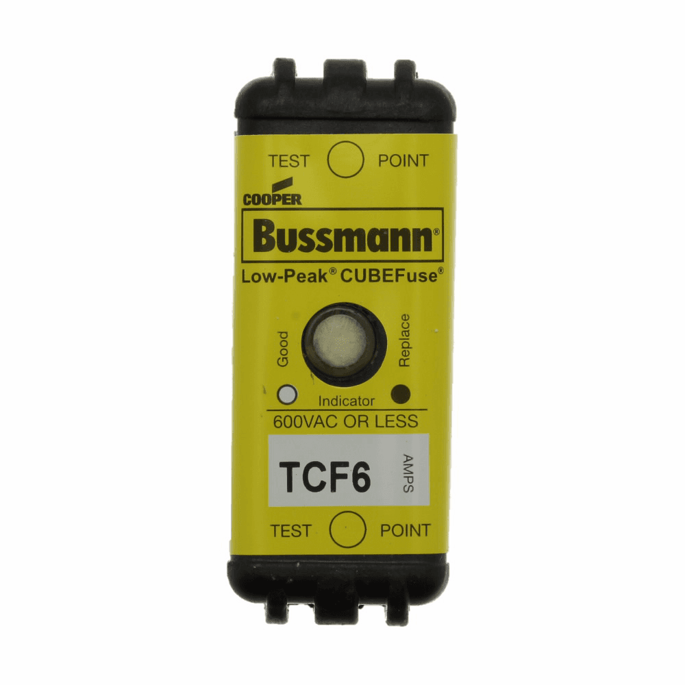 Cooper Bussmann TCF6 TCF6 Cooper Bussmann - Eaton Bussmann series TCF fuse, 6 A, 60 Hz, 50 Hz, Dual, CF, Black, With Indicator, Blade end, Time delay, 10 sec at 500%, 100 kAIC at 300 Vdc,300 kAIC at 600 V, Glass filled PES, Chassis,35 mm DIN rail, 600 V, 300 Vdc, TCFH30N, CCP2-3-30CF