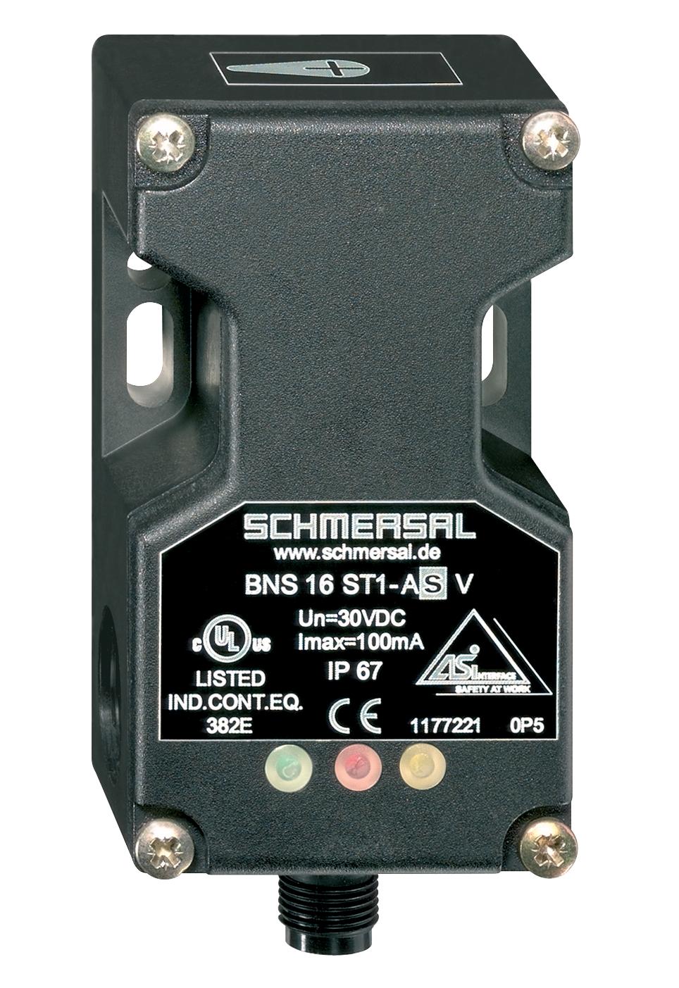 Schmersal BNS 16 ST1-AS V AS interface safety at work; Safety switchgear; connector plug M12, bottom, 4-pole; Safety sensor; Thermoplastic enclosure; no mechanical wear; 40 mm x 90 mm x 39 mm; Integrated AS-Interface; Concealed mounting possible; Long life; Insensitive to transver