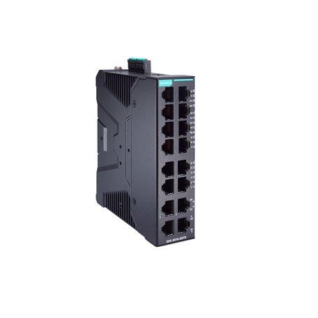 Moxa SDS-3016-2GTX Compact industrial smart Ethernet switch with 14 10/100BaseT(X) ports, 2 10/100/1000BaseT(X) ports, dual 12/24/48 VDC power inputs, -10 to 60°C operating temperature