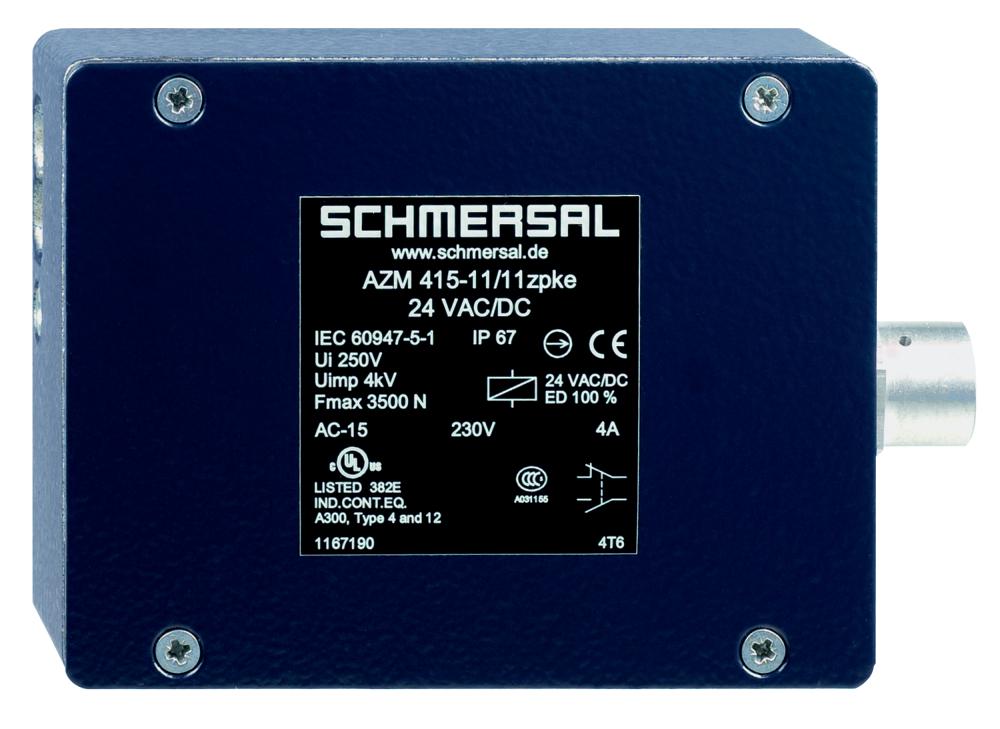 Schmersal AZM 415-02/11ZPKE 24VAC/DC Solenoid interlocks; Adjustable ball latch to 400 N; 2 switches in one enclosure; Problem-free opening of stressed doors by means of bell-crank system; Ex version available; Manual release; 141 mm x 100 mm x 46,5 mm; Metal enclosure; Interlock with protec