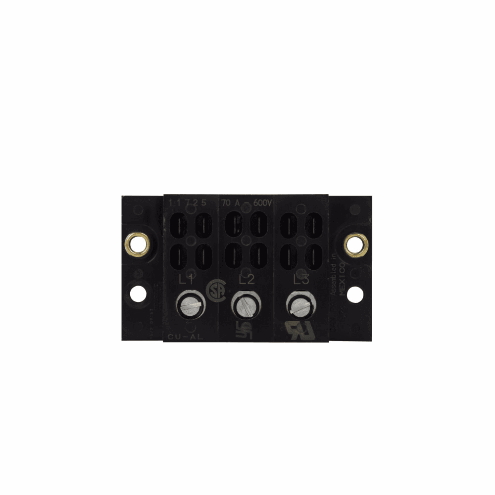 Cooper Bussmann 11725-3 11725-3 Cooper Bussmann - Eaton Bussmann series power terminal block, 600V, 70A, 10 kAIC, Power terminal block, Three-pole, Screw (Line), 0.25 In Quick Connect (Load)