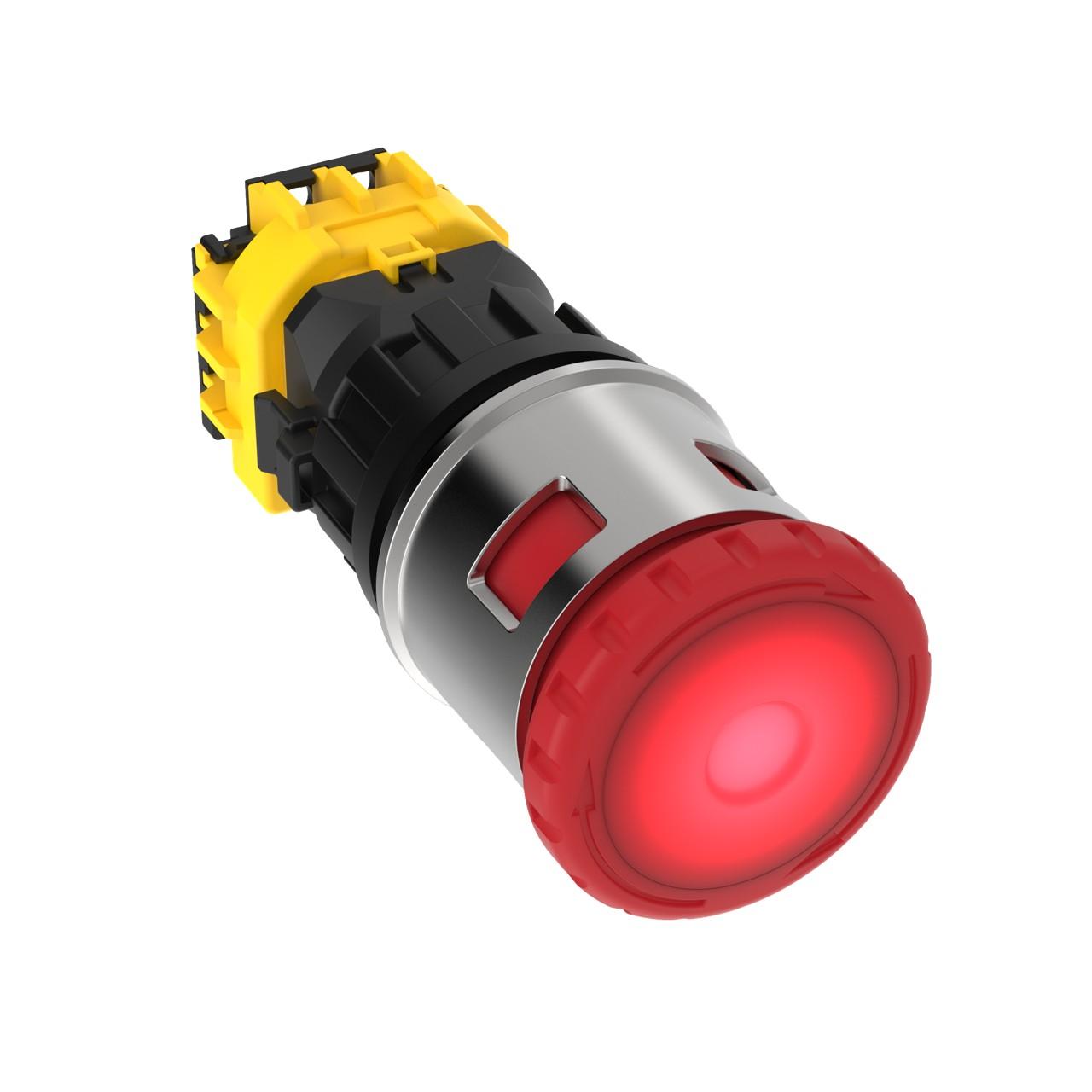 Banner SSA-EB1ML2P-12 Banner Engineering SSA-EB1ML2P-12 is a stand-alone emergency STOP (E-Stop) pushbutton designed with a padlockable push-ON actuation for enhanced security measures. This push-button features a polycarbonate (PC) base and a 44mm mushroom head for easy operation. It utilizes a screw-clamp terminal connection for secure wiring and has a red actuator for clear visibility. The device is equipped with 1NO+2NC contacts to facilitate various control circuit configurations. It operates on a 24Vdc supply voltage and is designed for flush mounting in a 30mm hole. The SSA-EB1ML2P-12 can operate within an ambient air temperature range of -25°C to +55°C and offers a degree of protection rated at IP65, making it suitable for use in diverse environments. Its operating mode is push-to-stop stay-put (maintained / latched) with a twist-to-release mechanism. Additionally, it includes 1 Normally Open (NO) auxiliary contact and 2 Normally Closed (NC) auxiliary contacts for flexible connectivity options.