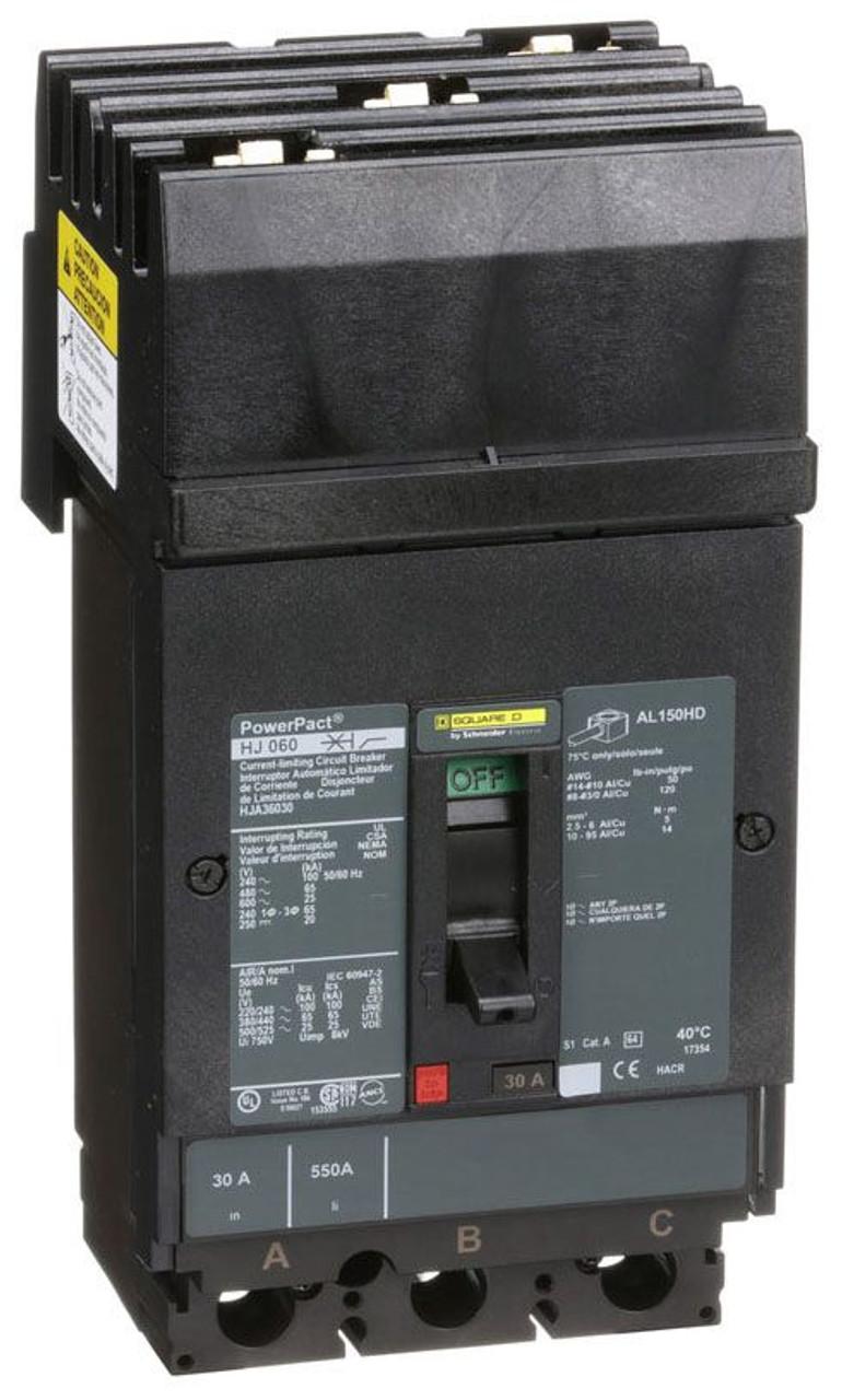 Schneider Electric HJA36030 Square D by Schneider Electric HJA36030 is a Moulded Case Circuit Breaker (MCCB) within the PowerPacT HJA sub-range, featuring a PowerPact H-Frame 150 TMD 3P 30A 600Vac/250Vdc 25kA I-line design. It offers a 3-pole (3P) configuration with thermal and magnetic protection functions for overload and short-circuit scenarios, respectively. The rated current is 30A, with a rated insulation voltage (Ui) of 750 V and rated voltages of 600Vac 600Y/347Vac for AC and 250Vdc for DC. This MCCB is designed for I-line connection (ABC phases) and mounts on I-line with line side isolated plug-on jaws plus a mechanical I-Line bracket mechanism, ensuring a robust attachment. It has a net height of 163 mm, a width of 104 mm, and a depth of 86 mm. The degree of protection is IP40, with a toggle (manual) operating mode. Protection settings include over-current fixed at 30A, short-circuit hold current fixed at 350A, and short-circuit trip current fixed at 750A. The rated operating voltage (Ue) is 690 V, with a rated impulse voltage (Uimp) of 8 kV. The trip current rating is 30 AT, with a frame current rating of 150 AF. Its short circuit breaking rating varies by voltage, including 100kA at 240Vac, 65kA at 480Vac and 480Y/277Vac, 25kA at 600Vac and 600Y/347Vac, and 20kA at 250Vdc, all according to UL489 standards. The trip unit type is thermal-magnetic (fixed) without a display, and it falls under utilisation category A.