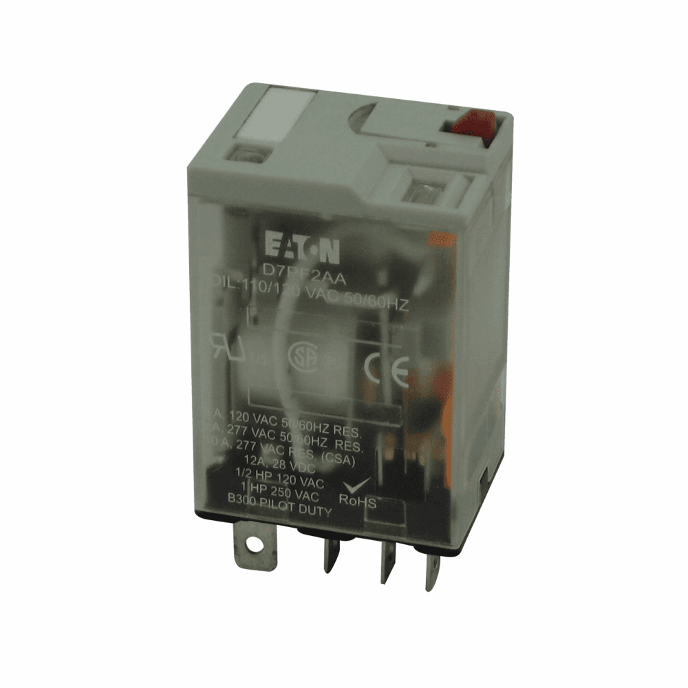 Eaton D7PF2AR1 D7PF2AR1 Eaton - General Purpose Plug-In Relay, D7PF, Full-featured relay, Test button, 12 Vdc, DPDT, 4,430 ohms, LED indicating light, Flag indicator, lock-down door, finger-grip cover, I.D. tag