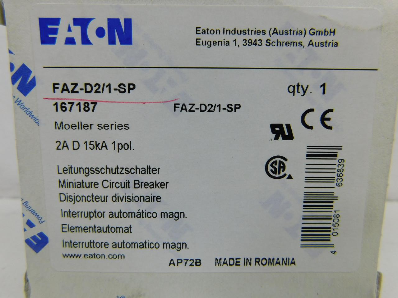 Eaton FAZ-D2/1-SP Eaton FAZ supplementary protector,UL 1077 Industrial miniature circuit breaker-supplementary protector,Single package,High levels of inrush current are expected,2 A,15 kAIC,Single-pole,277 V,10-20X/n,Q38,50-60 Hz,Standard terminals,D Curve