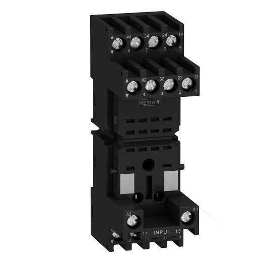 Schneider Electric RXZE2M114M Schneider Electric RXZE2M114M is a plug-in socket within the RXZ sub-range designed for a rated current of 10 A and an operational ambient air temperature range of -40 to +55 °C. It features a degree of protection classified as IP20 and is equipped with connector type terminals. The socket is specified for a rated voltage (AC) of 250 V, phase-to-neutral.